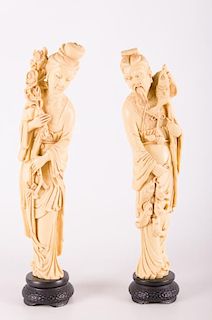 Bone Carved Chinese Figures, Pair