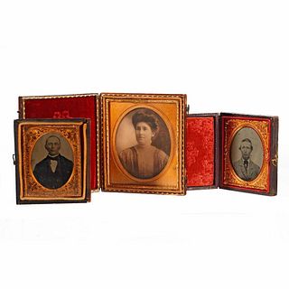 GROUP OF TINTYPES AND A PHOTOGRAPH IN EMBOSSED CASES.