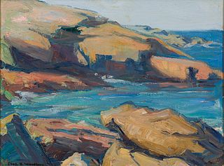 Attr. to Anne Carlton, Am. 1878-1968, "Sea Rocks, Ogunquit, ME" 1933, Oil on panel, framed