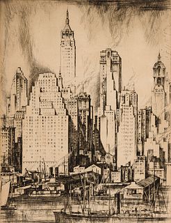 Earl Horter, Am. 1881-1940, Manhattan Towers, 1930, Drypoint etching on paper, framed under glass