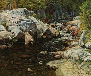 John Joseph Enneking, Am. 1841-1916, Twilight Late Autumn - Rocky Brook, 1915, Oil on canvas, framed