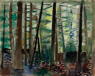 Henry Kallem, Am. 1912-1985, Cathedral Woods, Monhegan, Watercolor on paper, framed under glass