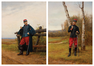 Etienne-Prosper Berne-Bellecour, Fr. 1838-1910, Two Works: 1] French Soldier Looking Right, 1903 2] French Soldier Looking Left, 1903, 1-2] Oil on pan