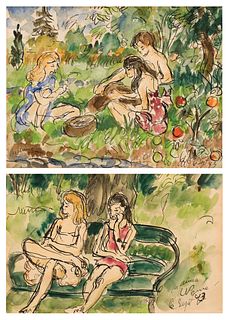 Waldo Peirce, Am. 1884-1970, Two Works: 1] Picnic, 1943 2] Girls on a Park Bench, 1943, 1-2] Watercolor on paper, framed under glass