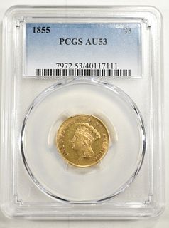 1855 GOLD $3 INDIAN PRINCESS  PCGS AU-53
