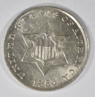 1853 3-CENT SILVER  CH/GEM BU