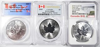LOT OF 3 GRADED CANADA SILVER MAPLE LEAFS: