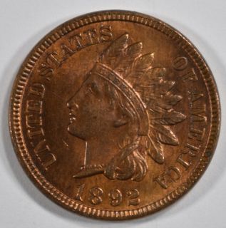 1892 INDIAN CENT  CH/GEM BU  NEARLY FULL RED