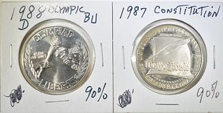 1987 CONSTITUTION & 1988-D OLYMPIC COMMEM $1 UNC