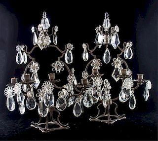 Brass Candelabras w/ Cut Glass Pendants, Pair