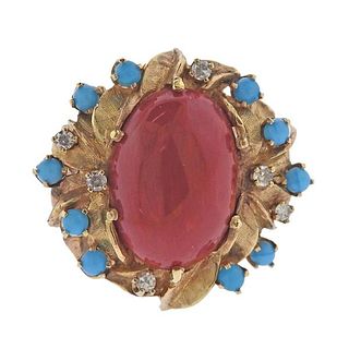 1960s 14k Gold Red Coral Turquoise Diamond Ring