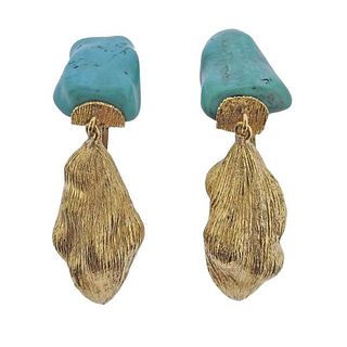 1970s 18k Gold Turquoise Drop Earrings