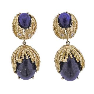 1970s 14k Gold Lapis Diamond Drop Earrings