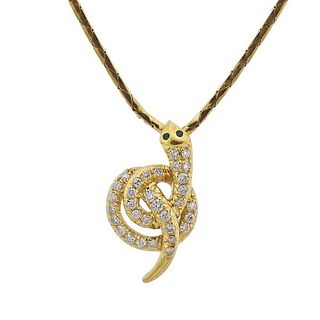 18k Gold Diamond Emerald Snake Pendant Necklace