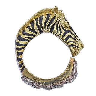 18k Gold Enamel Zebra &amp; Wolves Ring