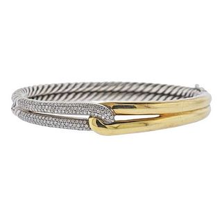 David Yurman 18k Gold Silver Diamond Interlocked Cable Bracelet
