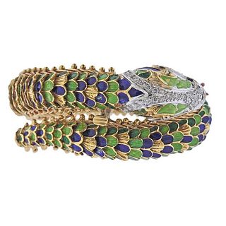 Antique Continental Diamond Enamel Snake Wrap Bracelet
