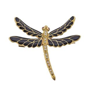 18k Gold Enamel Diamond Dragonfly Brooch Pin