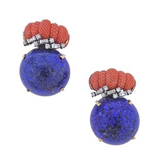 1960s Carved Coral Diamond Lapis Gold Brooch Set of 2