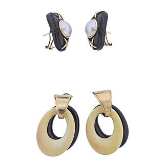 14k Gold Onyx Pearl Earrings 2 Pairs Lot