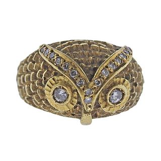 Vintage 18K Gold Diamond Owl Ring 