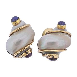 Seaman Schepps 14k Gold Turbo Shell Ruby Sapphire Earrings