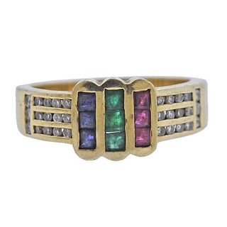 18k Gold Diamond Ruby Sapphire Emerald Ring 