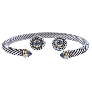 David Yurman Silver Gold Topaz Cable Bracelet Earrings Lot