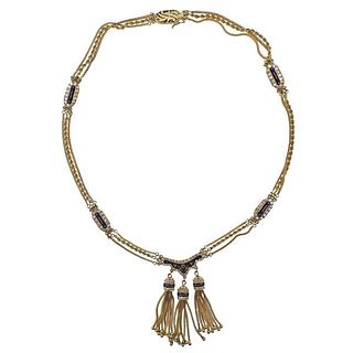 18k Gold Diamond Enamel Tassel Necklace 