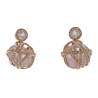 18k Gold Diamond Rose Quartz Earrings