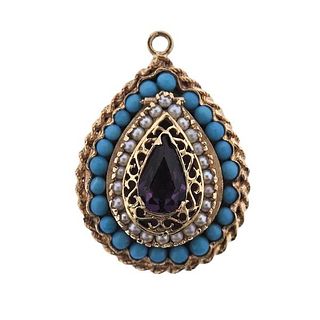 1960s 14k Gold Turquoise Amethyst Pearl Charm Pendant