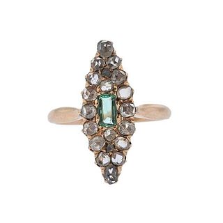 18k Gold Diamond Emerald Navette Ring