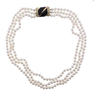 Cartier 18k Gold Pearl Onyx Multi Strand Necklace