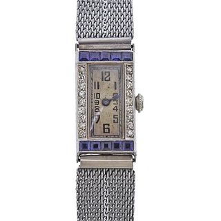 Art Deco Cresarrow 18k Gold Steel Sapphire Diamond Watch
