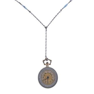 Antique Longines 14k Gold Guilloche Diamond Pocket Watch Necklace