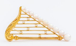 Mikimoto 18K Yellow Gold Pearl & Diamond Pin