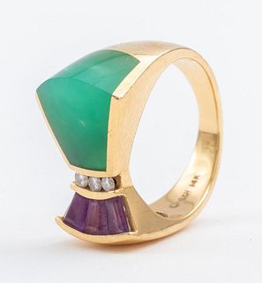 B&H 14K Gold Amethyst Diamond Jade Ring