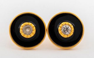 14K Yellow Gold Diamond & Enamel Earrings