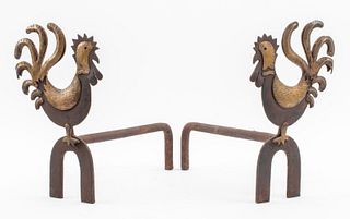 French Art Deco Rooster Andirons, Pr
