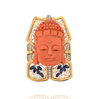 Coral, Diamond, Sapphire Buddha Head Pendant