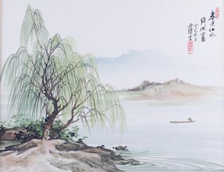 Weeping Willow on Lakeside Watercolor