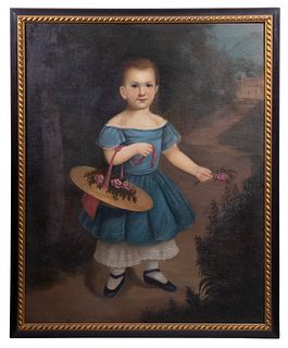 EARLY 19TH C. NEW ENGLAND NAIVE PORTRAIT OF A YOUNG GIRL