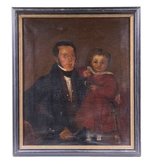 CIRCA 1820 AMERICAN NAIVE PORTRAIT OF FATHER AND SON