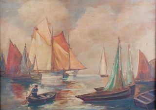 Watercolor & Gouache on Wood Panel, Harbor Scene