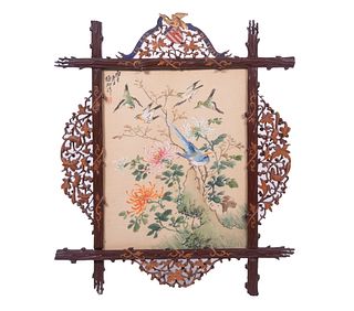 19TH C. CHINESE CANTON EXPORT FRAME WITH WATERCOLOR, US PATRIOTIC CREST