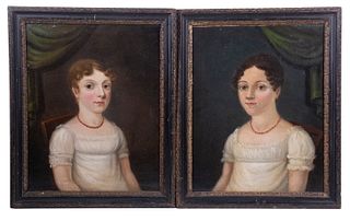 A RARE PAIR OF PORTRAIT PAINTINGS OF ENGLISH REGENCY TWIN GIRLS