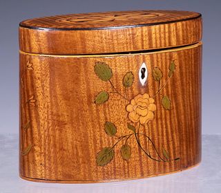 SATINWOOD MARQUETRY TEA CADDY