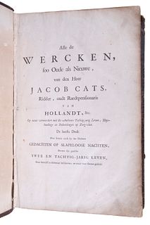 RARE 17TH C. DUTCH "EMBLEM" POETRY FOLIO, JACOB CATS (1577-1660) ORIGINAL LEATHER BINDING, 1700 EDITION IN LATIN & DUTCH