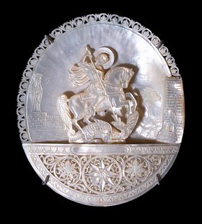 19TH C. ST. GEORGE & THE DRAGON MOTHER-OF-PEARL PLAQUE