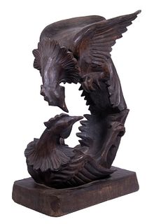 CHINESE WOODEN SCULPTURE OF A COCK FIGHT